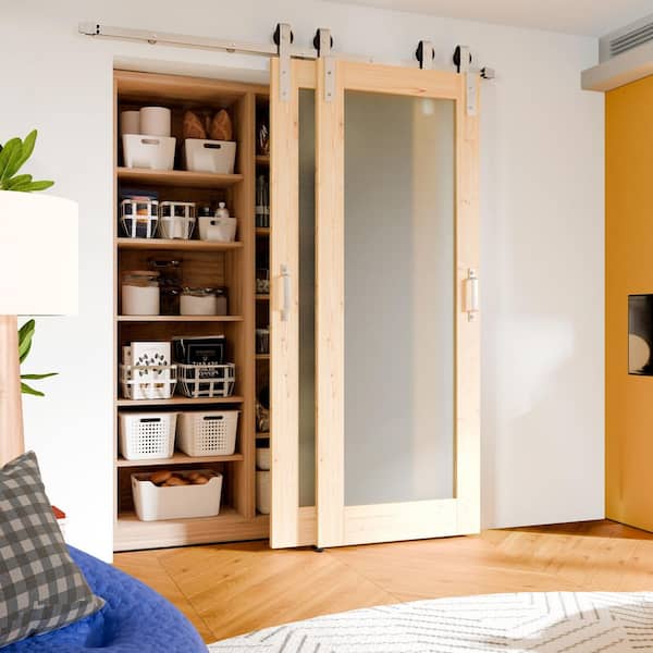 TENONER (Double 32) 64 in. x 80 in. Full Lite Frosted Glass Solid Wood Light Brown Barn Door Slab with Bypass Hardware Kit Set