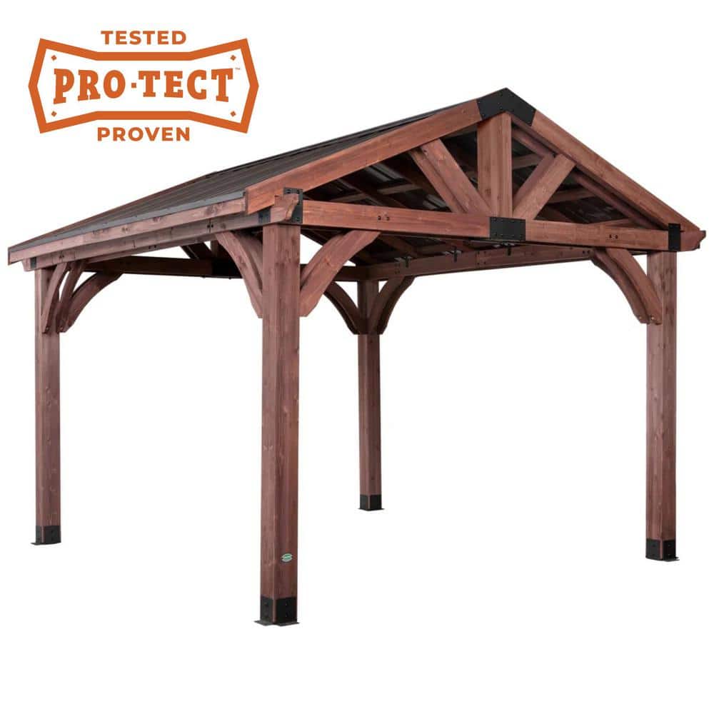 Arlington 12 ft. x 10 ft. All Cedar Wood Outdoor Gazebo Structure with Hard Top Steel Metal Peak Roof and Electric