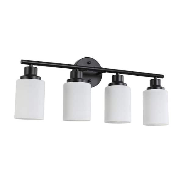 4-Light Black Vanity Light with Cylindrical White Frosted Glass Shades and Iron Frame, E26 Bulbs Not Included