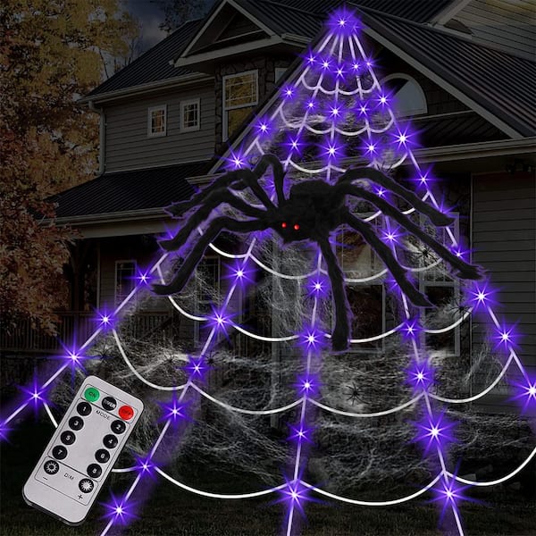 16.4 ft. Purple Spider Web Lights with 60 in. Giant Spider and Stretch Cobweb 8 Modes for Outdoor Yard Decor (1-Pack)