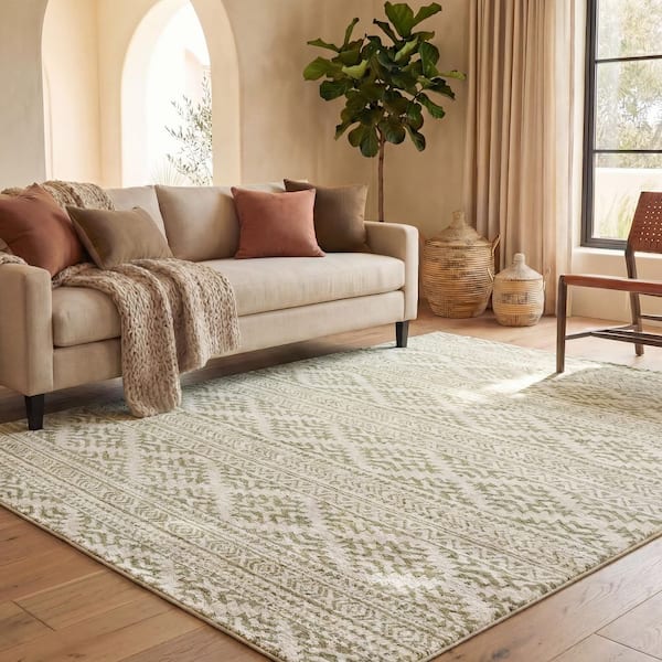 Tulum 8 ft. x 10 ft. Ivory/Sage Striped Tribal Geometric Area Rug