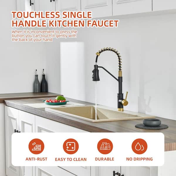 19 in. Pull Out Sprayer Kitchen Faucet with 360° Spout Swivel in Black and Gold Deckplate Not Included