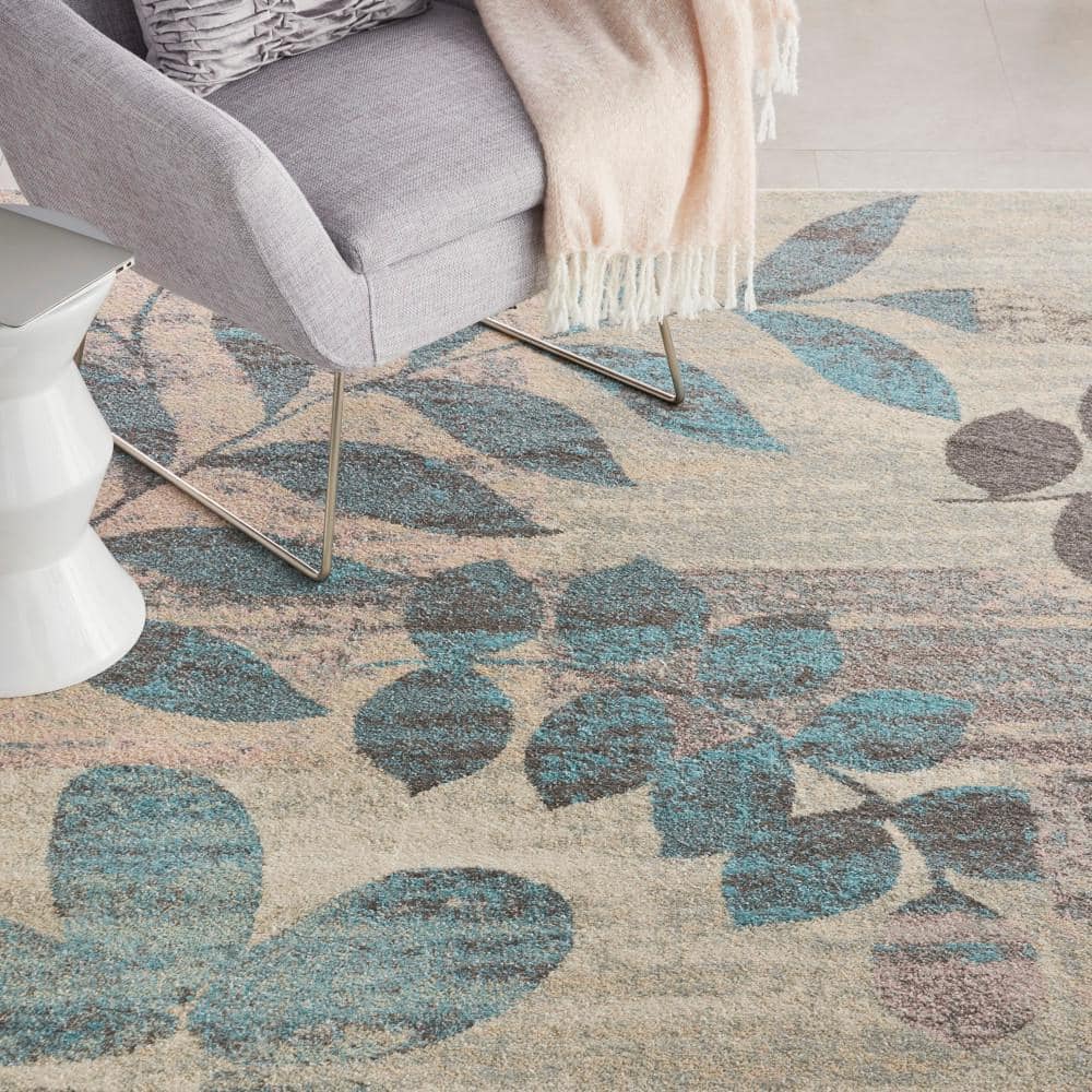 Ivory and Light Blue Floral Synthetic 8' x 10' Area Rug