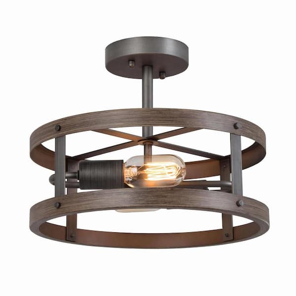 Unbranded The 13 in. 2-Light Wooden Texture Semi-Flush Mount Ceiling Light Farmhouse Ideal for Kitchen, Dinning, and Living Room