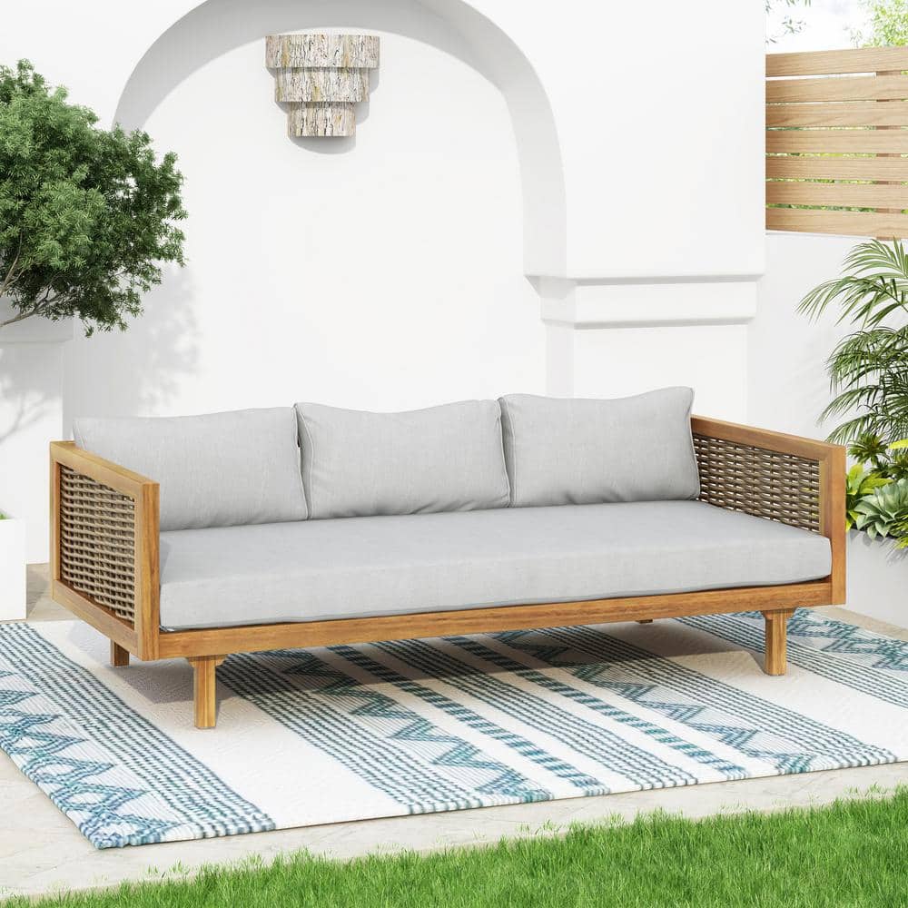 Acacia Wood Outdoor 3 Seater Day Bed with Rattan Arms and Light Gray Cushio