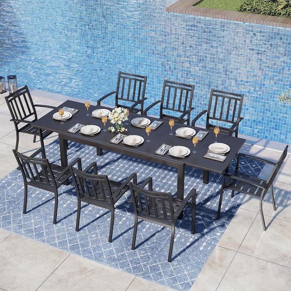 9-Piece Metal Outdoor Dining Set with Extensible Rectangular Table and Stackable Chairs