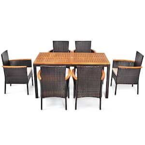 7-Piece Wicker Outdoor Dining Set Patio Rattan Table and Chairs Set with Umbrella Hole and Yellowish Cushions