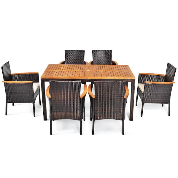 HONEY JOY 7-Piece Wicker Outdoor Dining Set Patio Rattan Table and Chairs Set with Umbrella Hole and Yellowish Cushions
