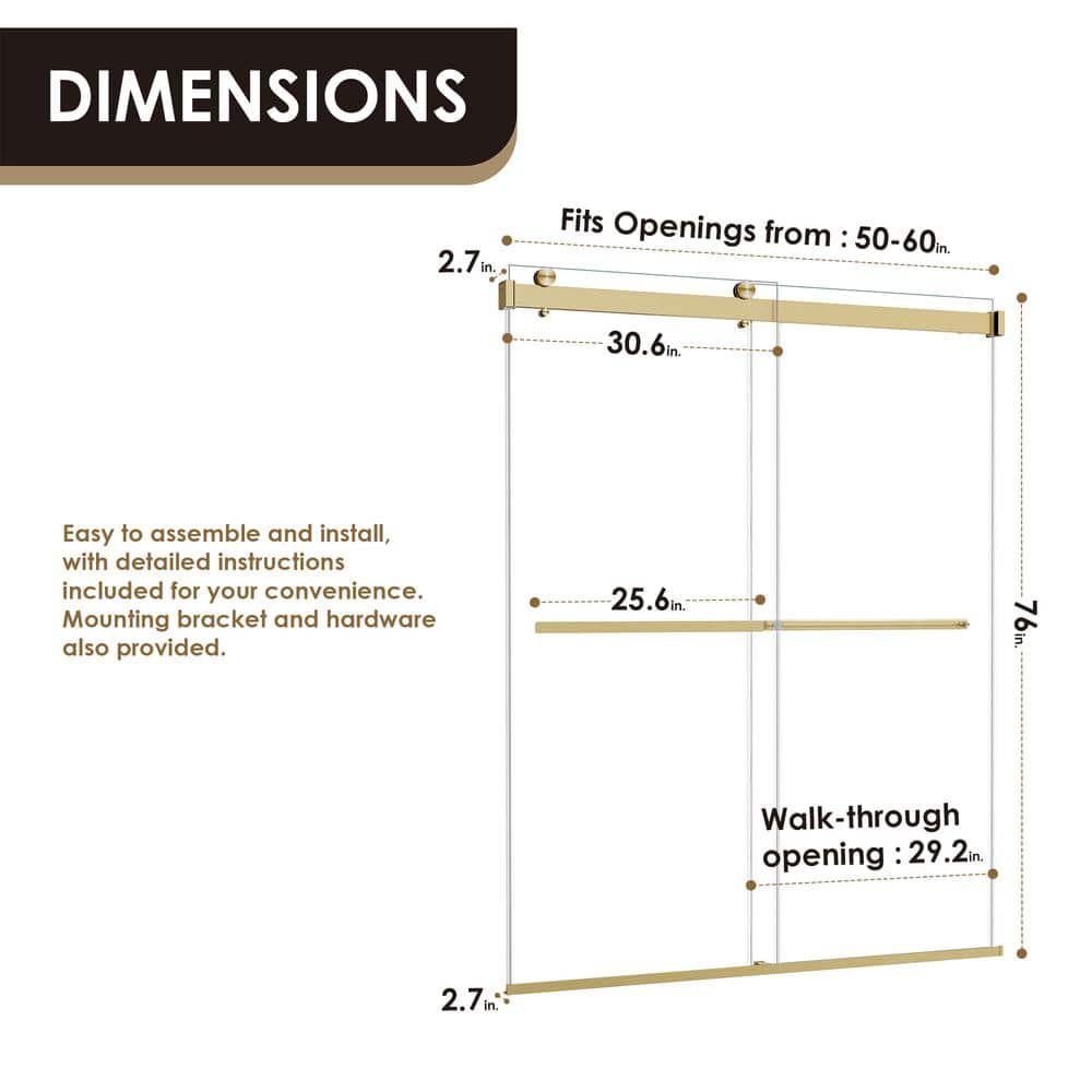 60" Gold Frameless Bypass Shower Door with Clear Glass