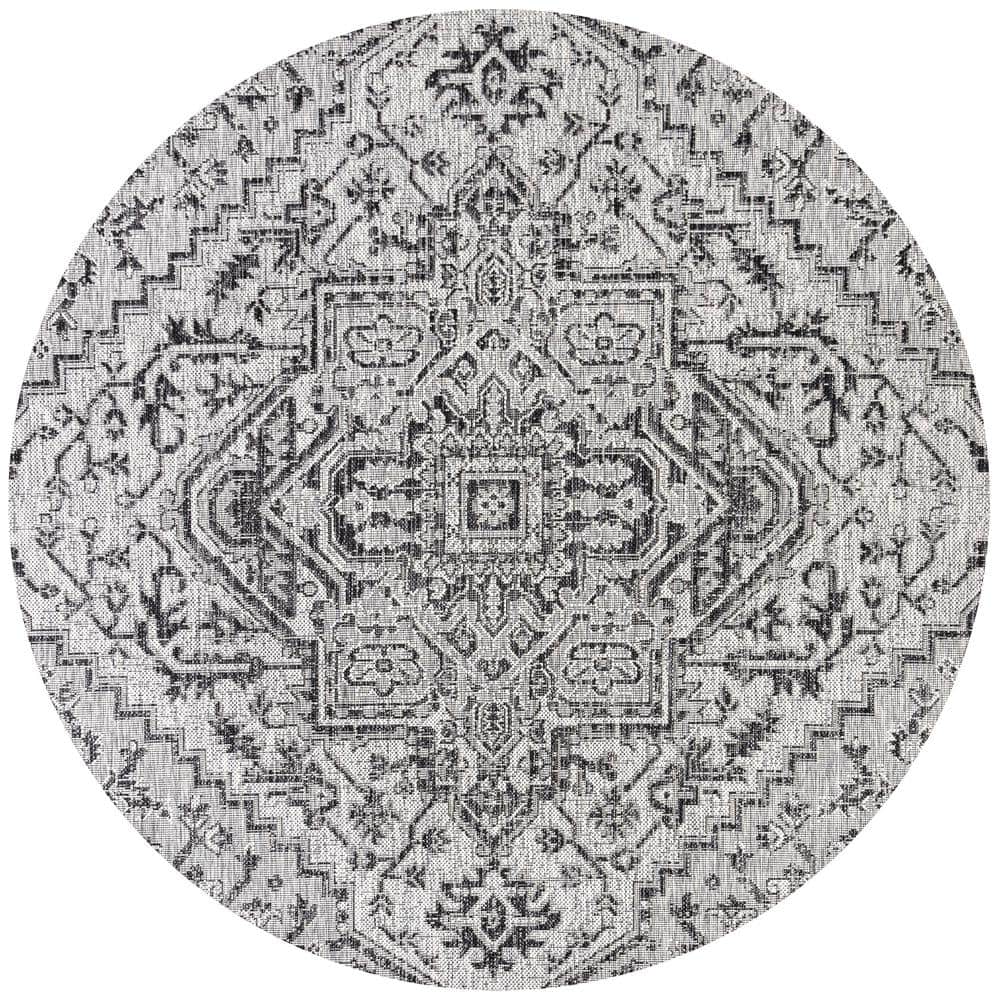 Estrella Bohemian Medallion Black/Gray 5' Round Synthetic Area Rug