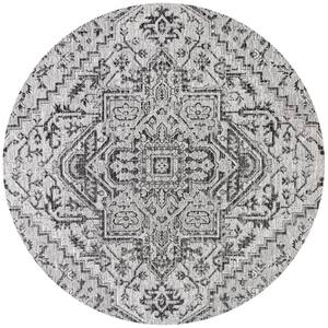 Estrella Bohemian Black/Gray 5 ft. Medallion Textured Weave Indoor/Outdoor Round Area Rug