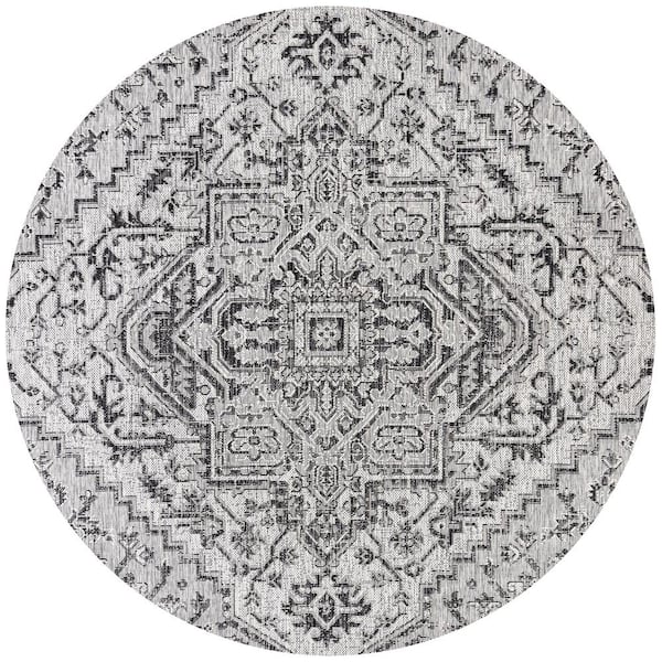 Estrella Bohemian Medallion Textured Weave Black/Gray 5 ft. Round Indoor/Outdoor Area Rug