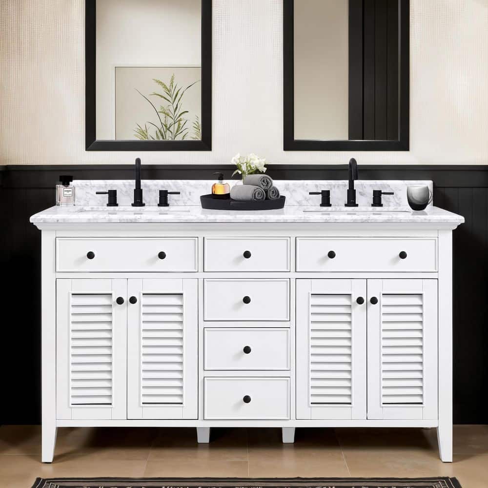 Fallworth 61 in. Double Sink White Bath Vanity with Carrara Marble Top (Assembled) price history on PriceWatchPro