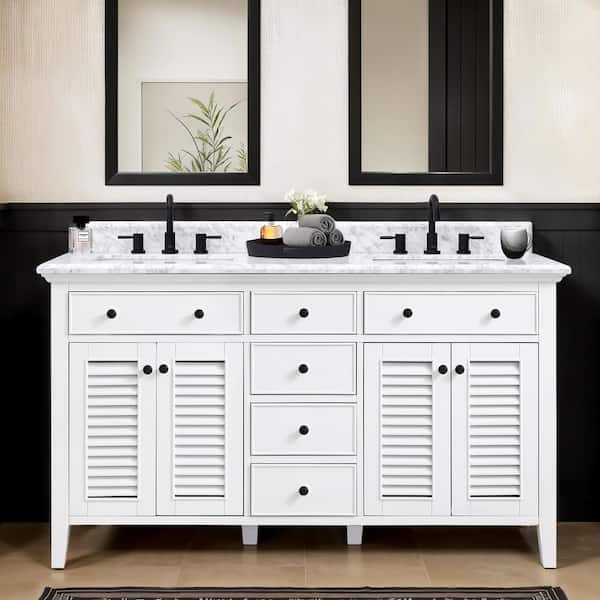 Fallworth 61 in. Double Sink White Bath Vanity with Carrara Marble Top (Assembled)