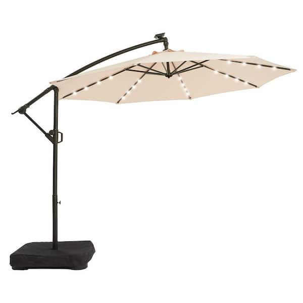 PASAMIC 10 ft. Solar LED Patio Offset Umbrella Outdoor Cantilever Umbrella with Weighted Base Beige