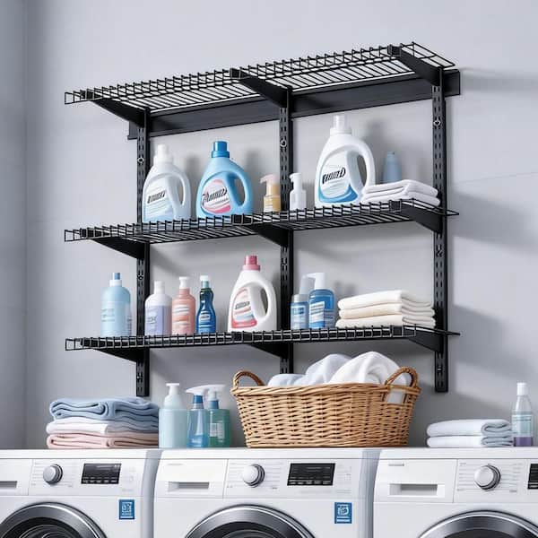 3-Tier 35.98 in. W x 35.98 in. D Black Steel Garage Wall Shelf, Wall-Mounted Floating Storage Rack, 450 lbs. Capacity