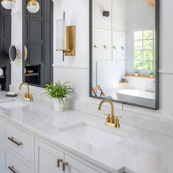 4 in. Centerset Double Handle Stainless Steel Bathroom Faucet with Drain Kit and 2 Water Supply Lines in Brushed Gold