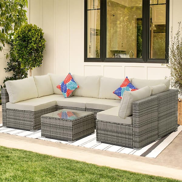 Runesay 7-Piece Gray Wicker Outdoor Sectional Set Patio Conversation Set Coffee Table Beige Cushions Lawn, Backyard