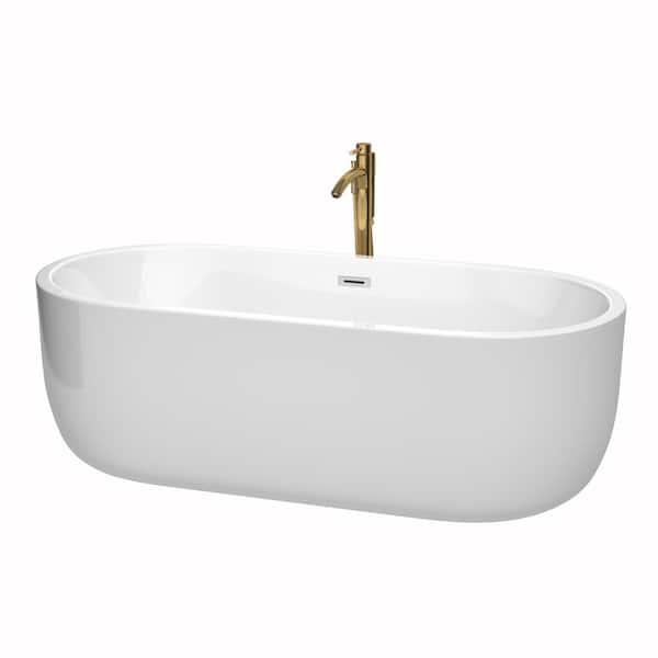 Wyndham Collection Juliette 71 in. Acrylic Flatbottom Bathtub in White with Polished Chrome Trim and Brushed Gold Faucet