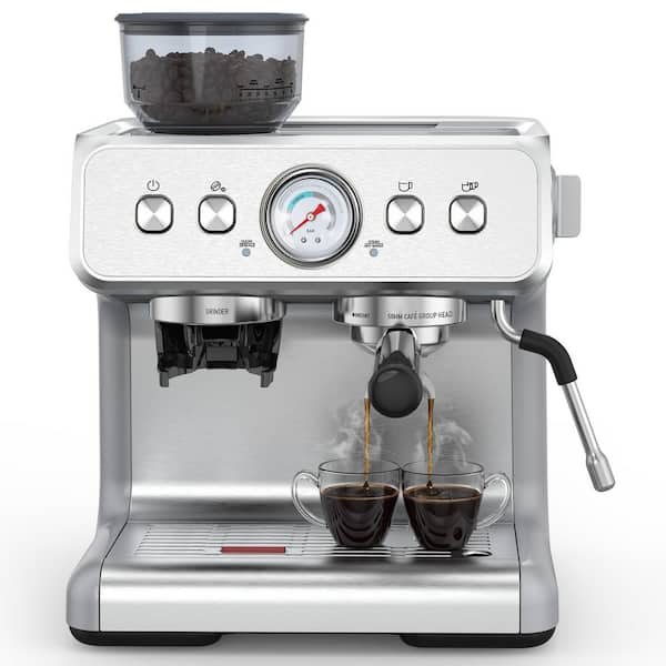 COWSAR 2- Cups Silver Drip Espresso Coffee Maker with Milk Frother Steam Wand and Coffee Grinder