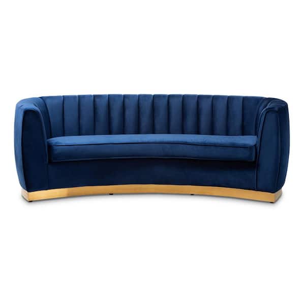 Baxton Studio Milena 93.3 in. Royal Blue Velvet 3-Seater Tuxedo Sofa with Gold Base