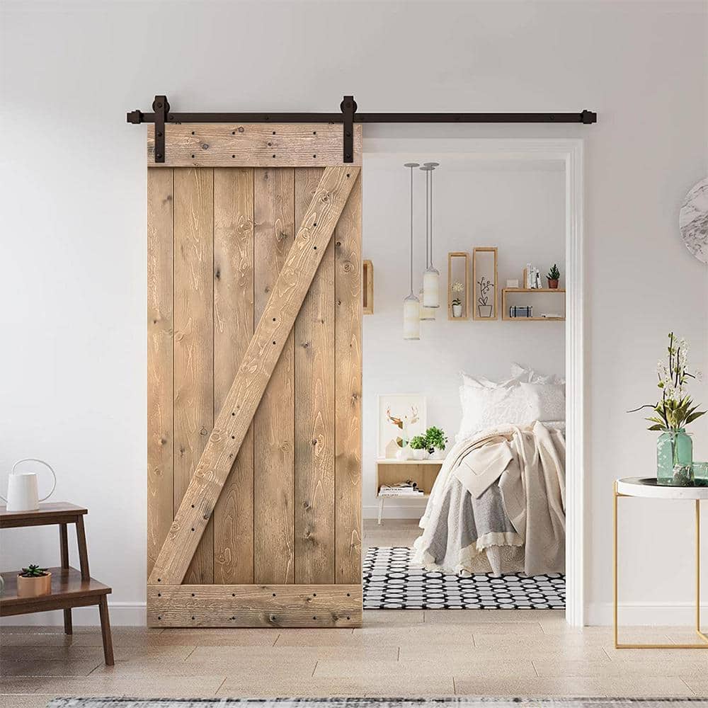Light Brown Solid Pine Wood Barn Door Kit with Oil Rubbed Bronze Hardware