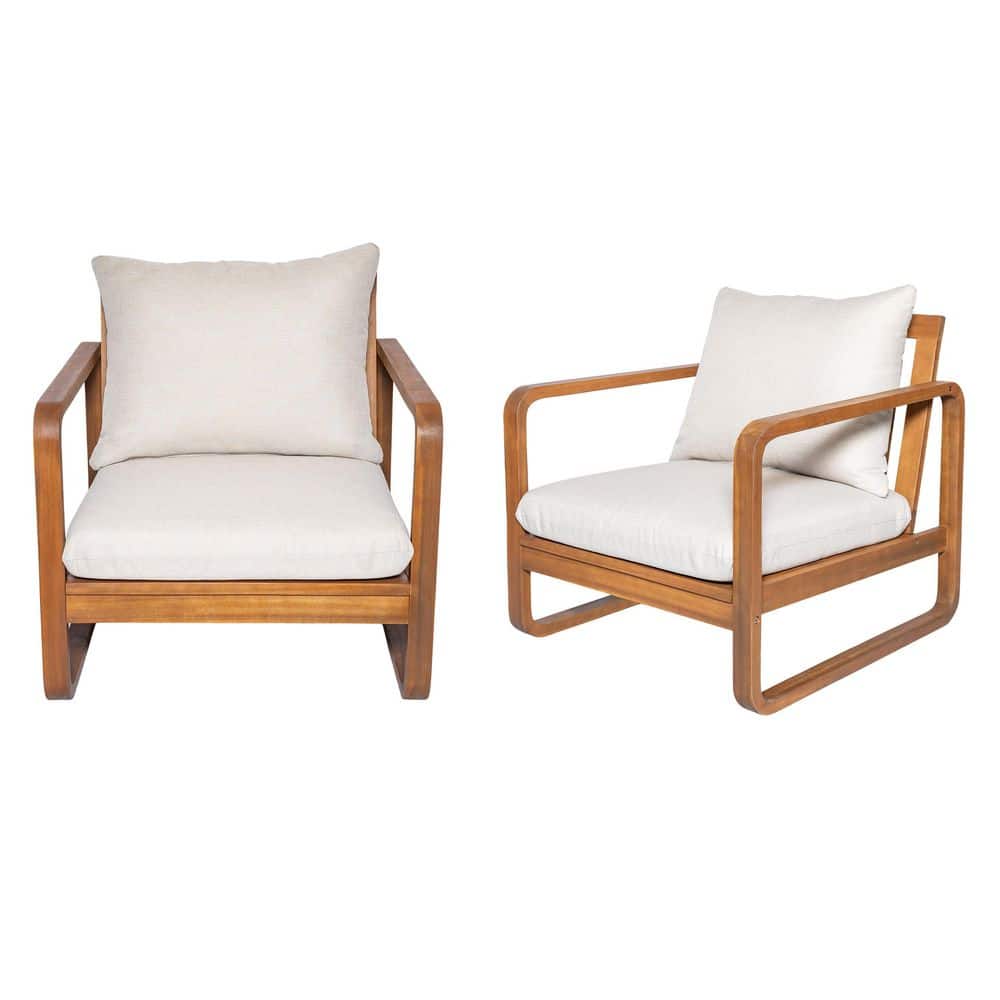 Keith Teak Finish Solid Wood Patio Outdoor Lounge Chairs with Beige Cushions, Weather Resistant, Set of 2 price history on PriceWatchPro