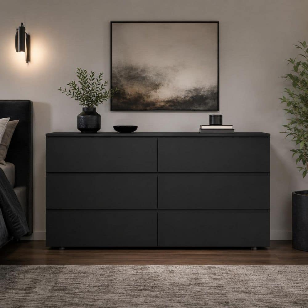 matte black dresser FUFU&GAGA Black 6-Drawers 59 in. W Wooden Dresser without Mirror, Chest of Drawers, Storage Sideboard