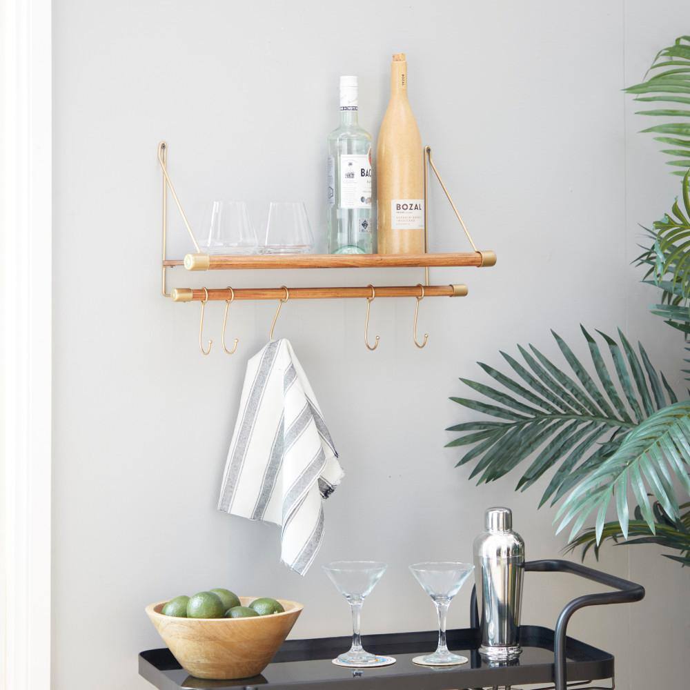 Gold and Wood Nordic Wall Shelf with Hooks