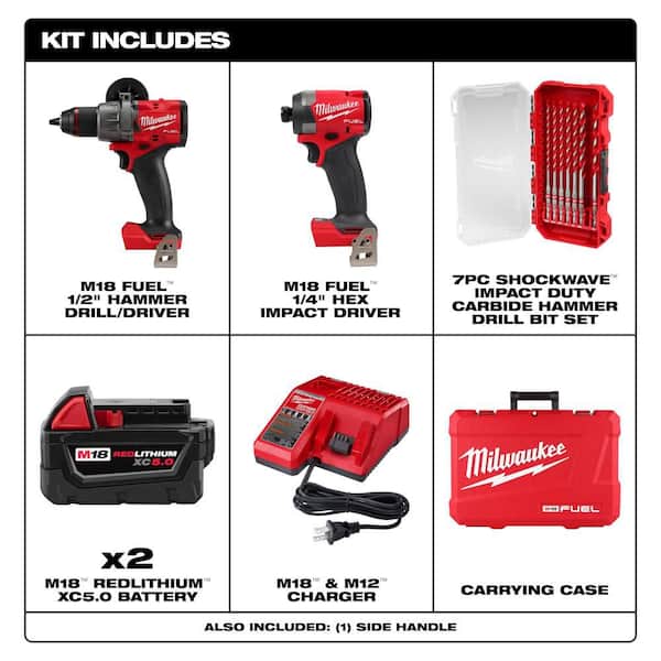 M18 FUEL 18V Brushless Cordless Hammer Drill/Impact 2-Tool Combo Kit w/ 2 Batteries with SHOCKWAVE 7-Pc Carbide Bit Kit