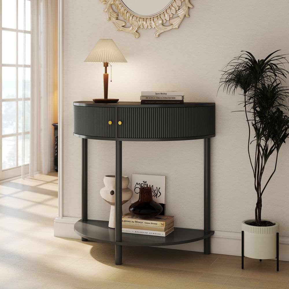 Noble House Rhett 31.5 in. Dark Gray Half Moon Wood Console Table, End Table with 2 Storage Drawers, Bottom Shelf, Woodgrain (Little damage; see the picture) (no test)