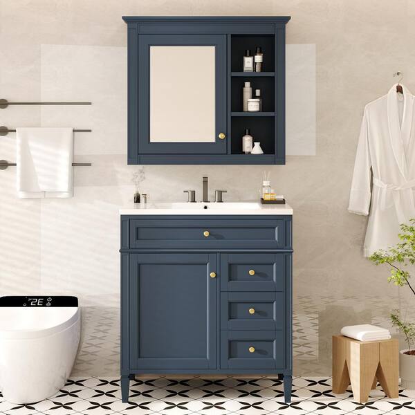 Staykiwi 30 in. W x 18 in. D x 33 in. H Single Sink Freestanding Bath Vanity in Blue with White Resin Top and Mirror Cabinet