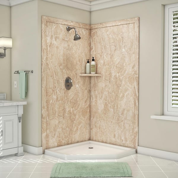 FlexStone Splendor 40 in. x 40 in. x 80 in. 7-Piece Easy Up Adhesive Corner Shower Wall Surround in Alaskan Ivory