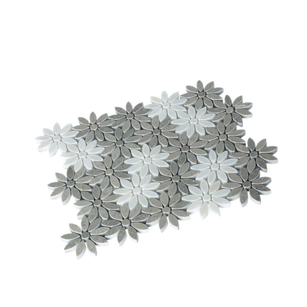 Gray and White Floral Polished Marble Mosaic Tile