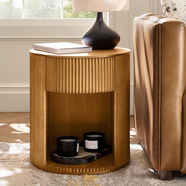 Falko 19.75 in. Oak Round Wood End Table with Fluted Detailing