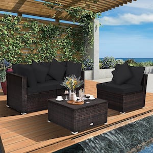 4-Piece Wicker Outdoor Sectional Set Patio Rattan Furniture Set Sofa Ottoman with Black Cushions