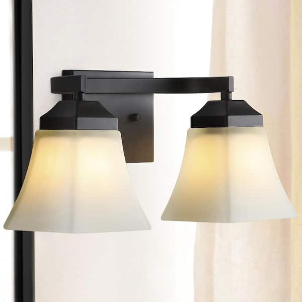 JONATHAN Y Staunton 15 in. 2-Light Iron/Glass Modern Cottage LED Vanity Light, Oil Rubbed Bronze