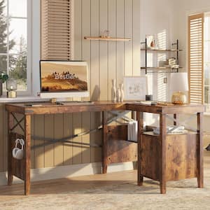 60 in. Farmhouse L-Shaped Computer Desk with Storage Cabinet and Bookshelf Rustic Brown
