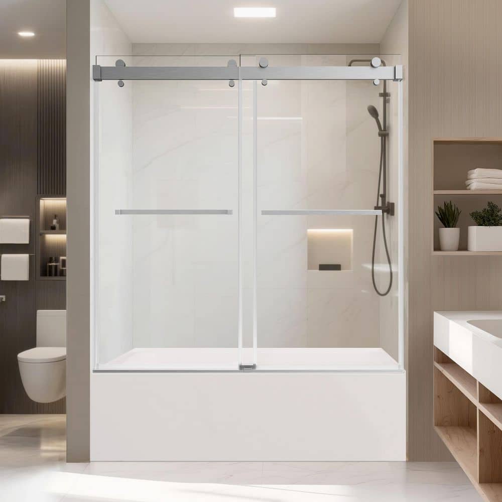 56-60 in. W x 66 in. H Double Sliding Frameless Shower Door Brushed Nickel with 3/8 in. Clear Glass price history on PriceWatchPro