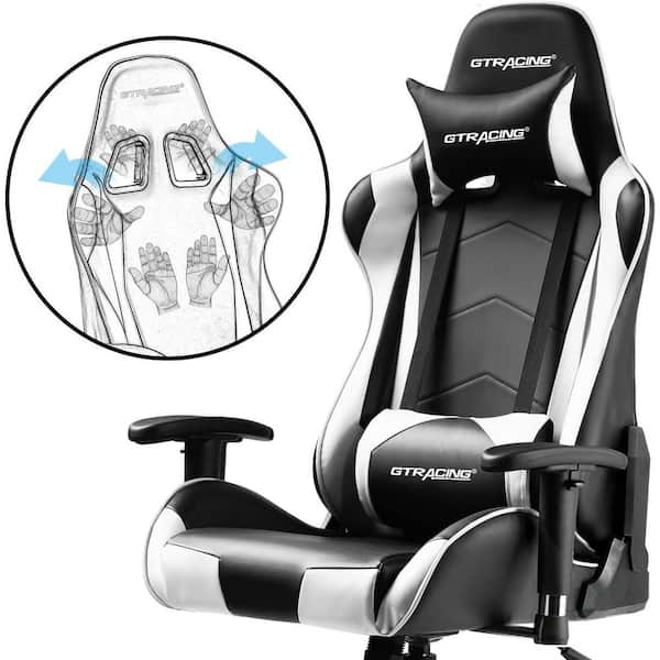 Lucklife White Gaming Chair Racing Office Computer Ergonomic Leather Game Chair with Headrest and Lumbar Pillow Esports Chair