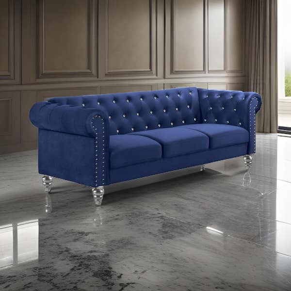 Benjara 83.1 in. Rolled Arms Fabric Rectangle Crystal Tufted Back Sofa in Blue (1-Piece)
