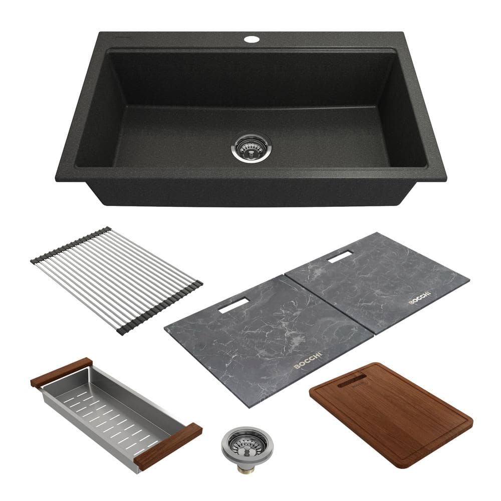 Baveno Lux 34" Metallic Black Granite Single Bowl Drop-In Kitchen Sink