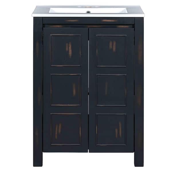 24 in. Single Sink Freestanding Black Bath Vanity with White Ceramic Top, Adjustable Shelf