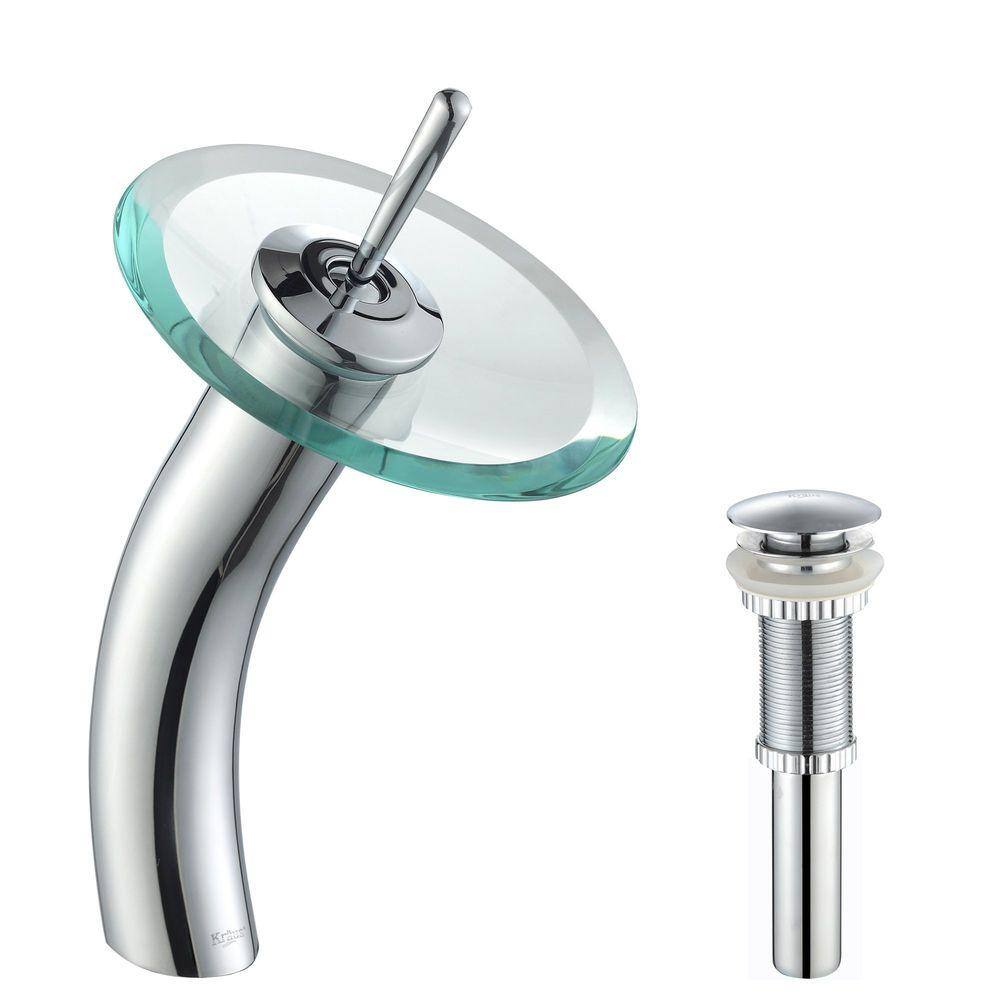 KRAUS Single-Handle Waterfall Bathroom Vessel Faucet in Chrome with Glass Disk in Clear, Grey -  KGW-1700-PU-10CH-CL