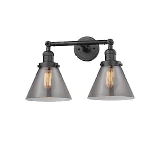Large Cone 18 in. 2-Light Oil Rubbed Bronze Vanity Light with Plated Smoke Glass Shade