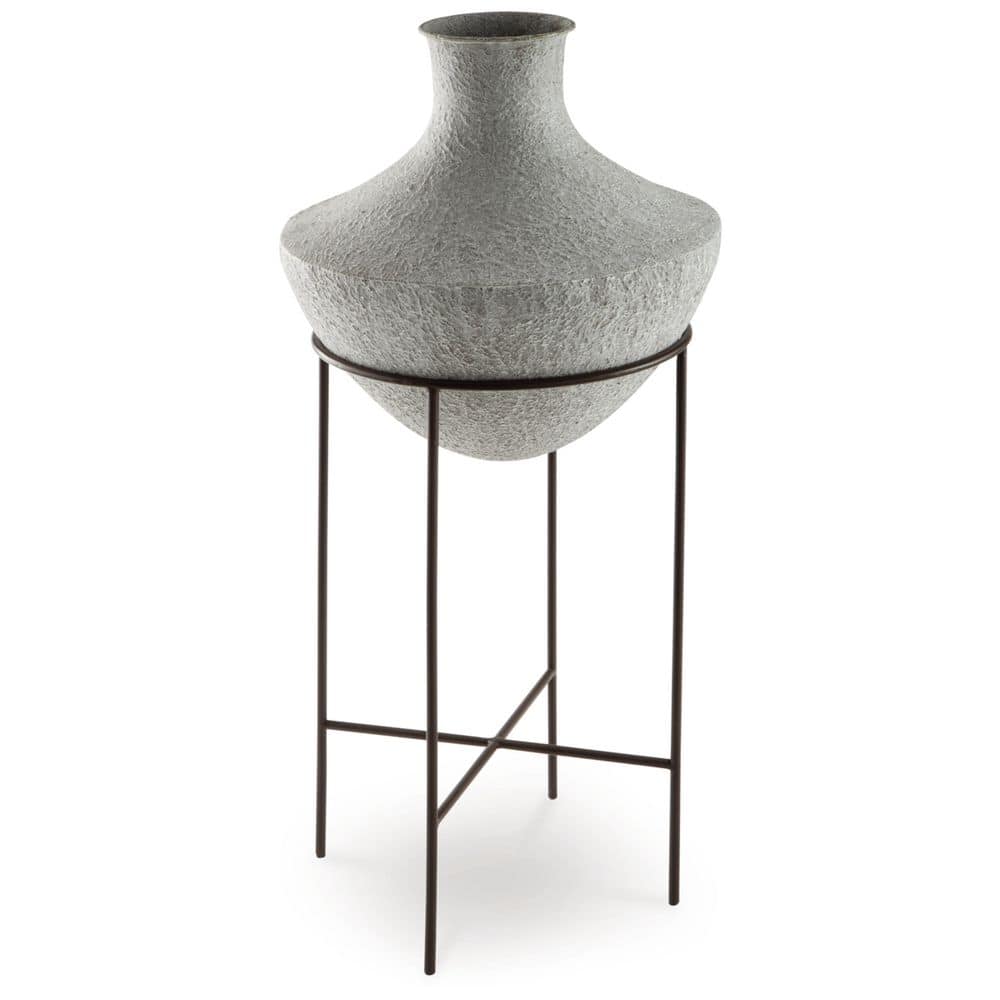 Distressed Cream Metal Floor Vase with Espresso Brown Stand