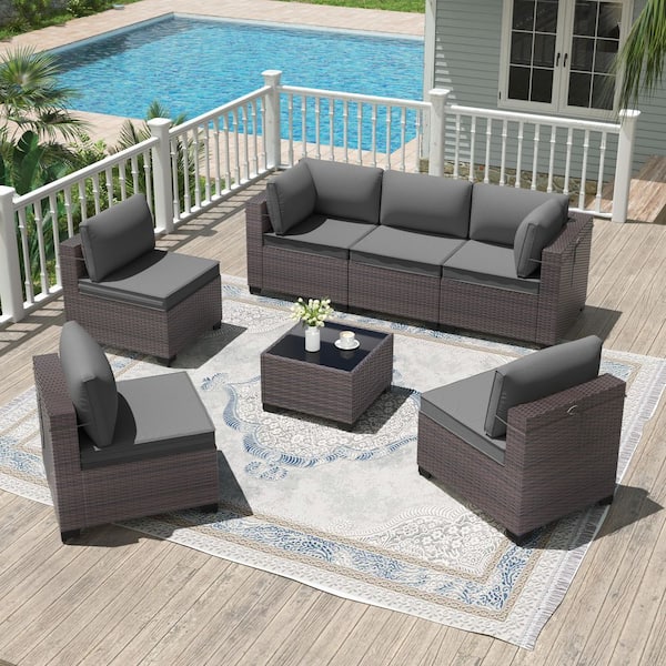 7-Piece Brown Wicker Outdoor Sectional Set with 6-Seats, Adjustable Feetpad and Cushion Gray