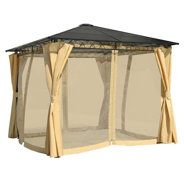 10 ft. x 10 ft. Outdoor Patio Beige Steel Gazebo Canopy Polycarbonate Roof Tent with Privacy Screen and Mosquito Netting