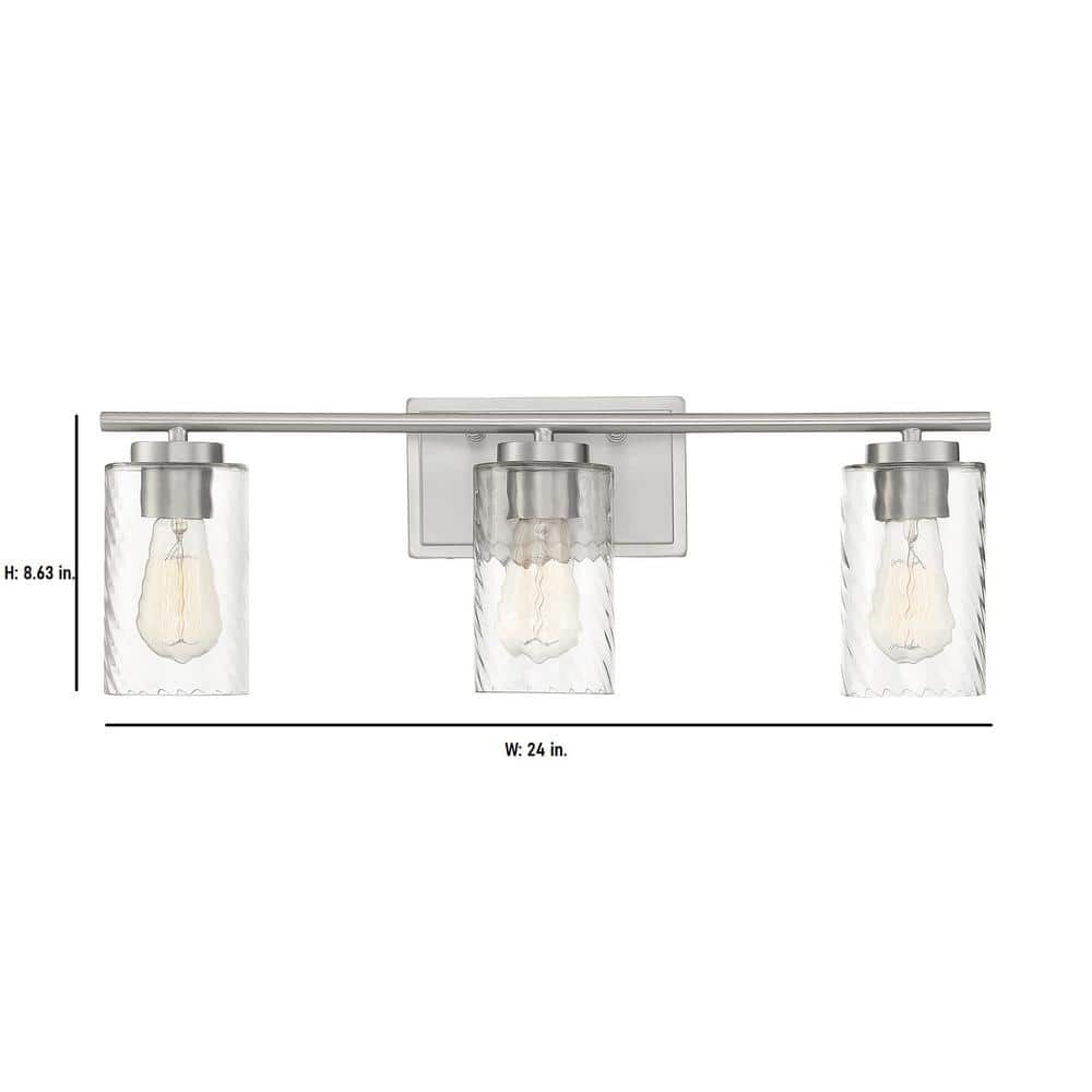 Transitional Brushed Nickel 3-Light Outdoor Bath Bar with Clear Swirl Glass