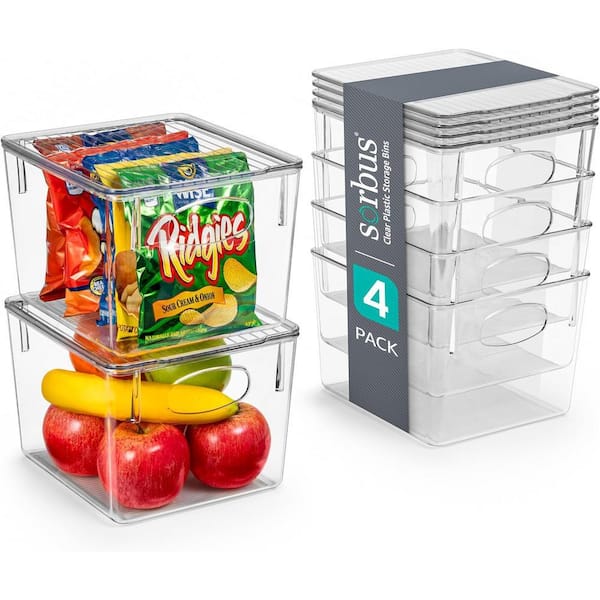4-Pack Clear Plastic Stackable Pantry Organizer Set Storage Bins with Lid for Fridge